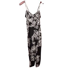 Zara Trafaluc Jumpsuit Women S Black White Tropical Leaf Lace Up Wide Leg